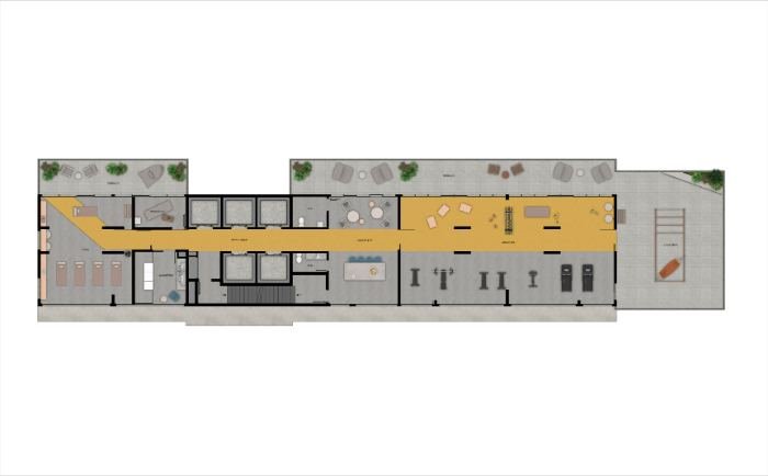 Planta do pavimento de lazer UP Sports Home com academia, yoga e calistenia